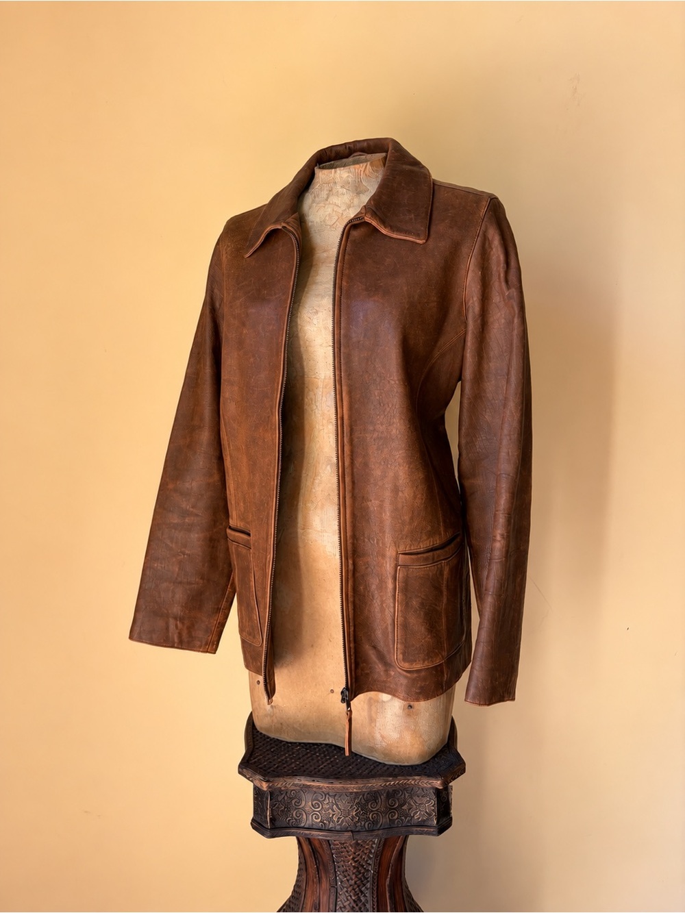 Vtg 90s Y2K Territory Ahead Brown Distressed Leather Jacket Western Boho Tall